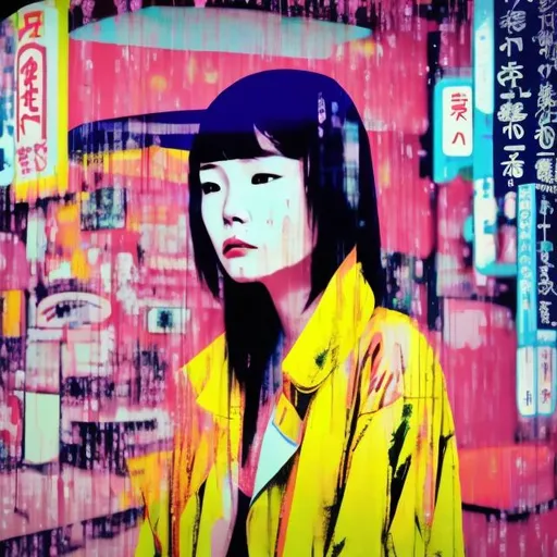 Prompt: a sad woman in japan, looking at the camera, raining, realistic, futuristic, 4K, in the background the metaverse, neon, in the style of Andy warhol, vibrant pastels, very colorful