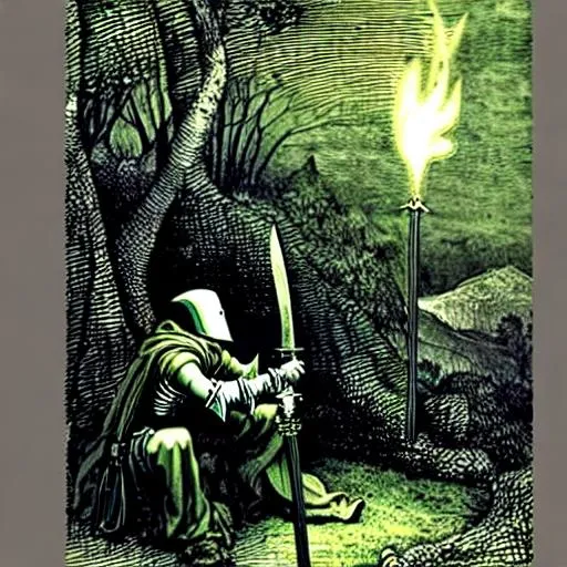 Prompt: a knight in the dark green forest sitting by a campfire resting and polishing his sword. in a style of gustave dore
