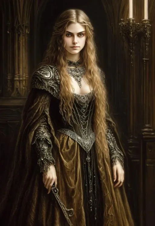 Prompt: galla dress, victorian, piercing eyes, amulet, "Luis Royo", vampire, oil painting, dress, very big eyes, high quality, beautiful, female wizard queen, sultry,  clear visible face,  dark fantasy, Phoebe Tonkin, Alexandra Daddario, Ariana Grande, Natalie Portman, Nicole Kidman