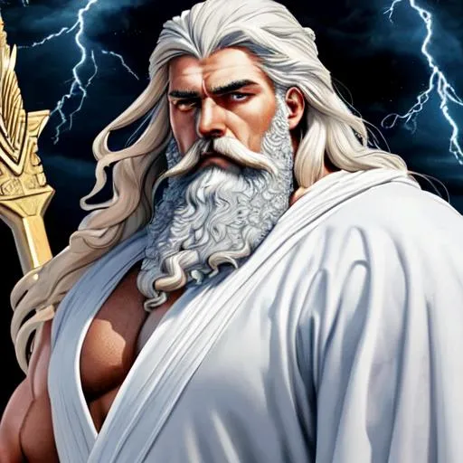 Prompt: Zeus, the king of the gods and ruler of the sky and thunder, a regal and imposing figure with a muscular build, broad shoulders, stark white and full beard which emulate the clouds, his face is stern and serious, piercing eyes and a strong jawline, wearing a long white robe, holding a thunderbolt as a weapon, realistic oilpainting