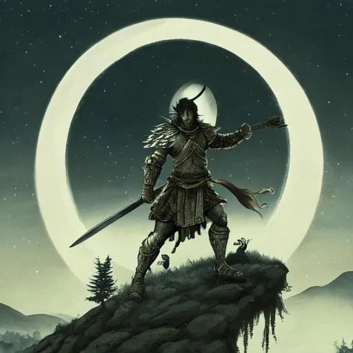 Prompt: Warrior holding a sword facing the moonlight on a hill with forest in the background and various creatures