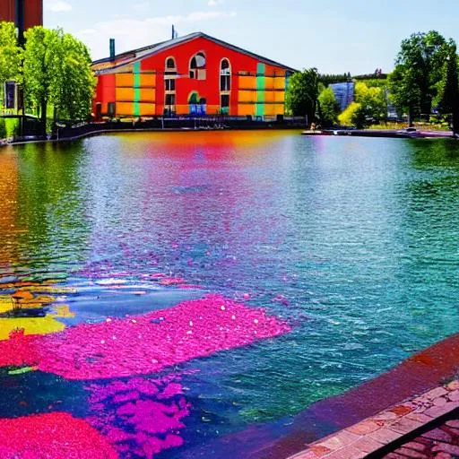 Prompt: Colourful swedish university at summer, with water in a colourful style

