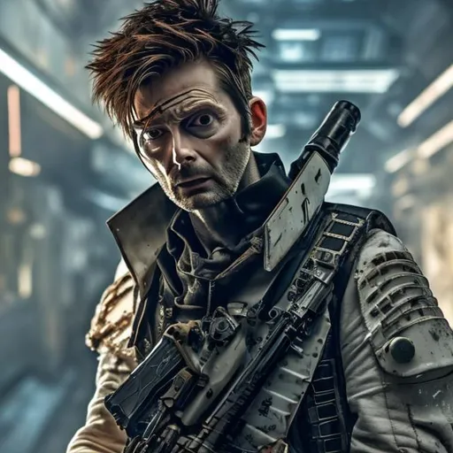 Prompt: David Tennant with a scar and eye patch and a bleached Mohawk  shouting angrily wearing an armored futuristic scifi military uniform and holding an advanced exotic shotgun in full color