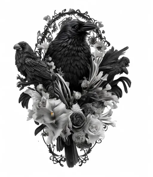 Prompt: single raven enclosed in a cameo, black and white, surrounded by cosmo flowers, gladiolus flowers, gothic style
