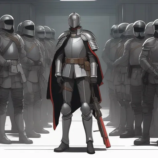 Prompt: from distance. whole figure. full body. a male soldier wearing a grey uniform, a mask covering his face and an helmet. Uniform is a XVII century hussar one, vaguely scifi.
head free, hands behind the back . Background is a war room. anime art. akira art. rpg art. star wars art. 2d art. 2d.  