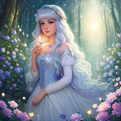 Prompt: a young woman who looks like Lady Amalthea, Disney style, moon, forest, flowers, nighttime, galaxy, soft light, art, painting, sweet, fireflies