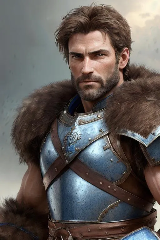 Prompt: Realistic photo of a rugged male warrior, medium musculature, hypermasculine, furry chest, chestnut hair, short beard, very detailed eyes, 8k, royal blue armor, sharp focus, studio photo, intricate details, highly detailed, by greg rutkowski