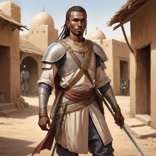 Prompt: Full body, Fantasy illustration of a male farariya, mali empire cavalry warrior, 25 years old, kind expression, traditional garment, high quality, rpg-fantasy, detailed, mali empire town background