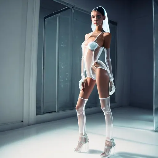 Prompt: full body shot of a revealing fashion model, thin figure, high silver heels , white thong white underwear appearing out from under the short oiled transparent latex overalls with a short transparent skirt,   looking at camera alluringly, standing in a devious pose, hyperdetailed, beautiful composition