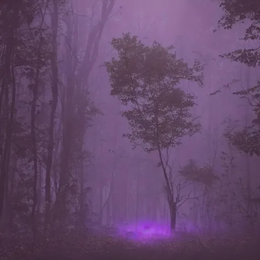 Prompt: a dark misty forest, dark forest, purple glow, photorealism
