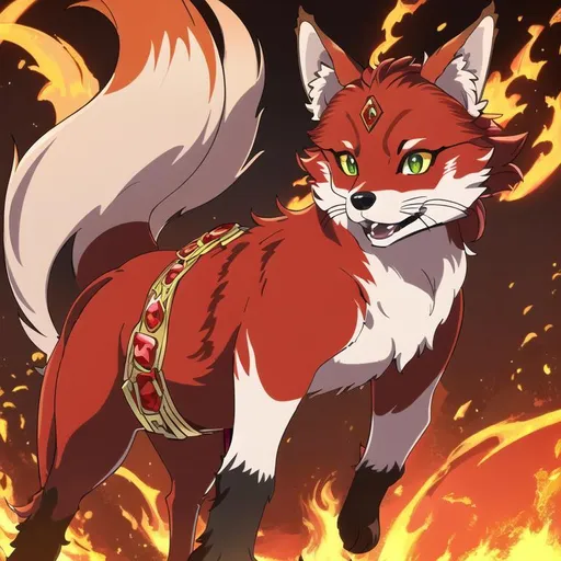 Prompt: remove leg, (8k, UHD, highly detailed, hyper detailed, masterpiece, detailed oil painting) portrait of [fire elemental] ((fox)), (canine quadruped), adolescent female, detailed silky (crimson-red fur), {gleaming yellow-green eyes}, 8k eyes, youthful, lively, lithe, bounding, {black fur highlights}, sharp focus, cinematic, dynamic view, worm eye view, vivid colors, brilliant colors, long silky hair on crest, plump, (rows of pink blossoming sakura trees), highly detailed ruins, umber red mane, wispy brown ears, wispy ruby-red mane, flowers on fur, snow-capped trees, snow on fur, forest, silky bushy tail, billowing mane, professional, unreal engine, dynamic, intricate detail, intricately detailed fur, highly detailed face, best quality, highly detailed mouth, 4k, 16k, 64k, HDR, unreal 5, artstation, deviant art, instagram, trending, perfect composition, symmetric, golden ratio