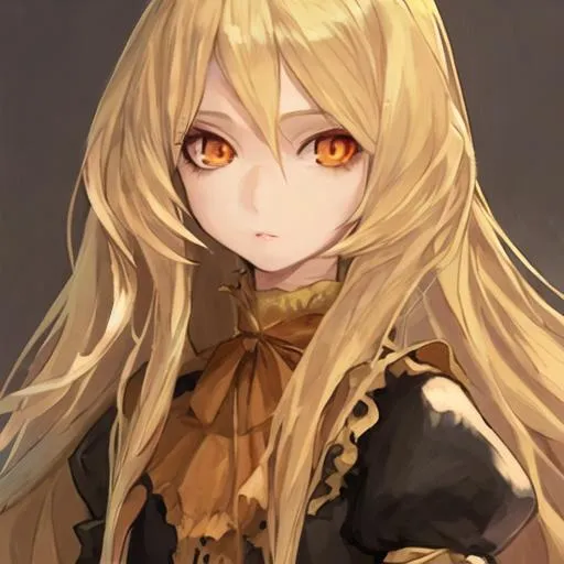Prompt: Girl with blond and long hair and have orange eyes, she looks like a princess with a sweet face