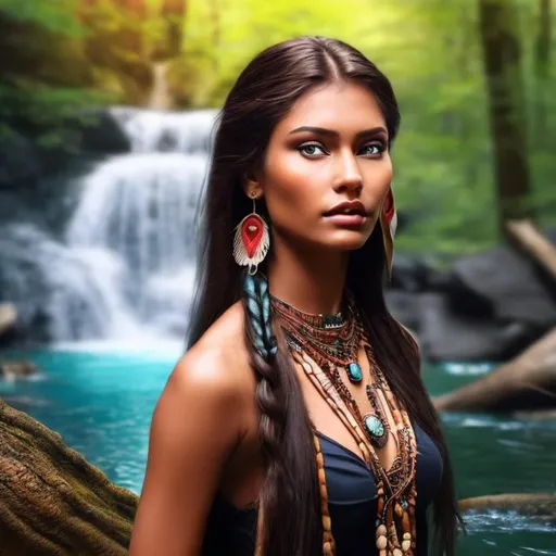 Prompt: professional modeling photo pocahontas as live action human woman hd hyper realistic beautiful native american woman black hair brown skin brown eyes beautiful face native american dress and jewelry enchanting
forest hd background with live action realistic river and waterfall with animals