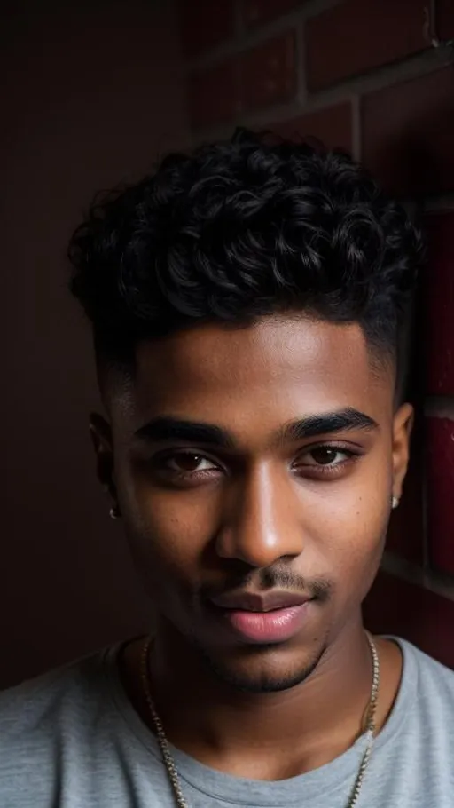 Prompt: A 20 year old brown handsome Nigerian boy smirking with short curled hair and black eyes with a pointed nose and hairy eyebrow with pink lower lip and brown upper lip with a cyberpunk background, super highly detailed, intricate details, 8k, Ultra HD, Professional, Sharp focus, studio photo, Render, Realism 