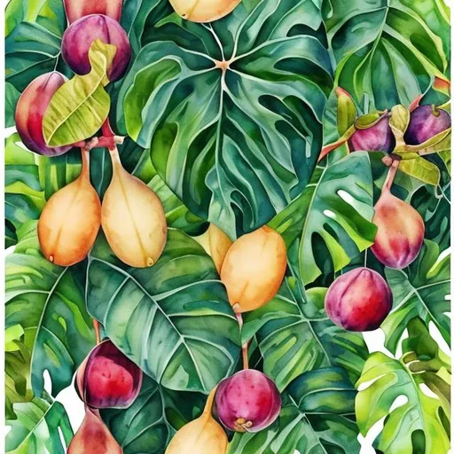 Prompt: Plump figs and mangoes dangling over the tropical jungle foliage, with monkeys and birds in watercolor