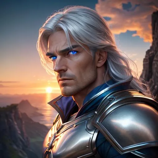 Prompt: 1 man, heroic, fantasy, fictional, muscular, sunset backdrop, overhead view, 8k uhd, 4k uhd, highly detailed blue eyes, highly detailed face, innocent looking, regal, 8k UHD, long sleeved, fully clothed, silver hair, slight front bangs, scenic view landscape, magical feel, mystic, aerial view, idyllic, overhead shot