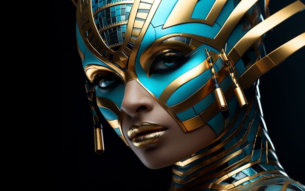 Prompt: a woman with a face painted with golden stripes, in the style of futuristic realism, egyptian iconography, kubisi art, light silver and dark cyan, patrick brown, ultra hd, mesmerizing optical illusions