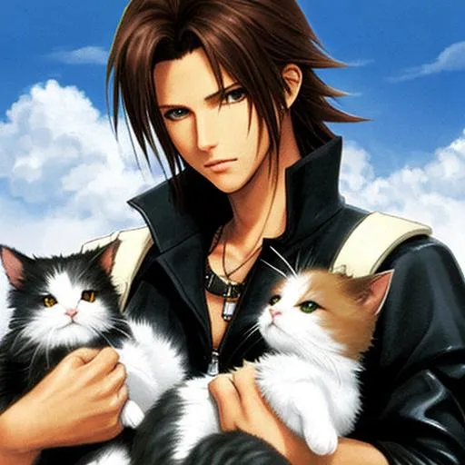 Prompt: Squall from Final Fantasy holding a bunch of kittens