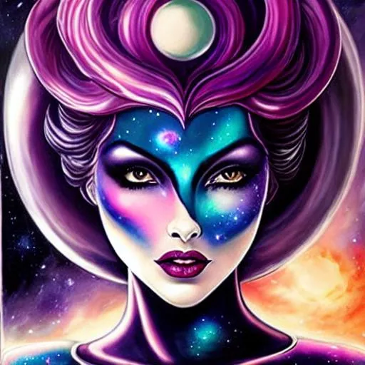 Prompt: Female alien-Cosmic Epic Beautiful Nebula (Beautiful melancholy {goddess}female liquid satin}, Beautiful