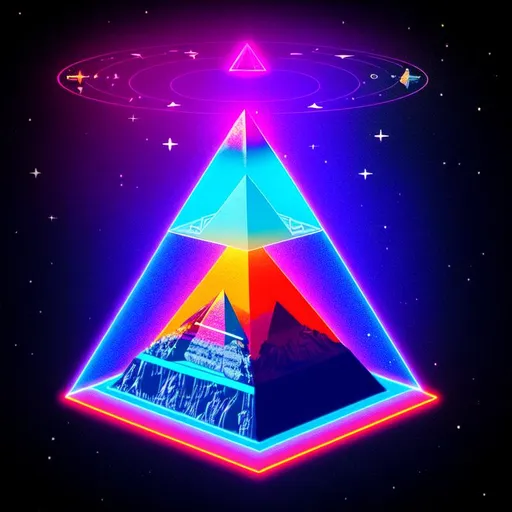 Prompt: hologram of obama pyramid floating in space, a vibrant digital illustration, dribbble, quantum wavetracing, black background, behance hd