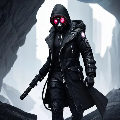 Prompt: Male agent from Marvel with a gas mask, black and grey cyberpunk outfit with a hood, background ice cave, Hyperrealistic, sharp focus, Professional, UHD, HDR, 8K, Render, electronic, dramatic, vivid, pressure, stress, nervous vibe, loud, tension, traumatic, dark, cataclysmic, violent, fighting, Epic