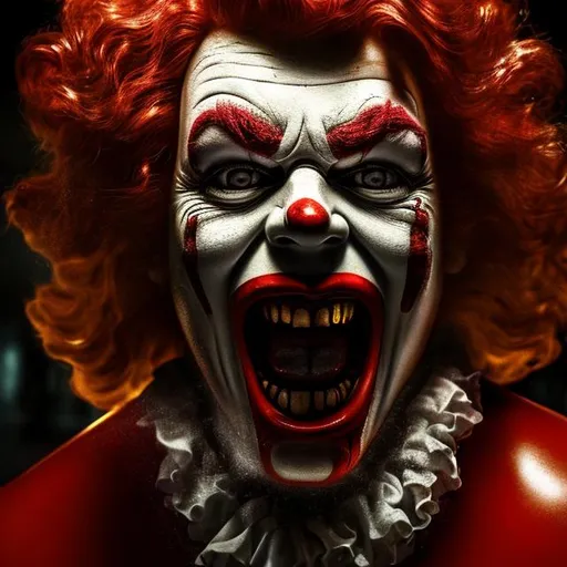 Prompt: ronald mcdonald as a horror film, highly detailed face dark cinematic lighting, Hyperrealism, 

