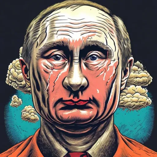 Prompt: Putin' face mask fading into an atomic bomb mushroom cloud, Sergio Aragonés MAD-Magazine style