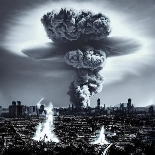 Prompt: Mushroom cloud
Nuclear explosion
Shockwave
Black cloud
Person looking
City destroyed
Fire