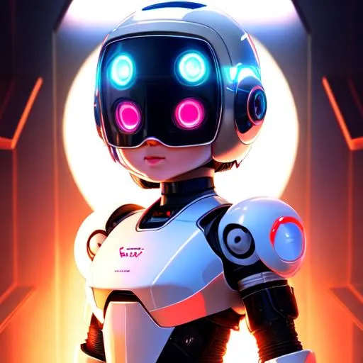 Prompt: little girl fullbody, white short hair, w a full transparent helmet robotically glowing in a lights room w big eyes,   golden ratio, neon lighting, deep colors, symmetrical face, accurate anatomy, ultra-fine details, soft contrast, wide shot.