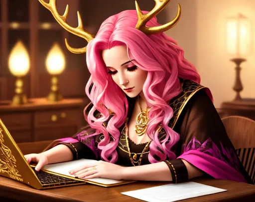 Prompt: , Witch woman with pink hair looking sad, parted wavy hair, antlers, gold brown eyes, fantasy, typing at a desk,