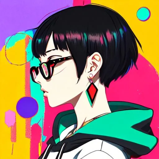 Pop girl, big earrings, profile, colorful hoodie, glasses - Prompt