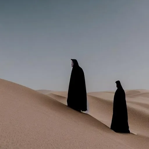 Prompt: A man in a white cloak stands facing another man in a black cloak. They're on top of a desert sand dune