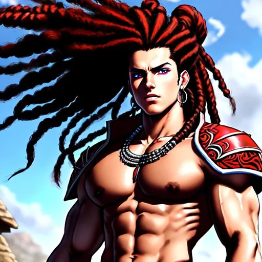 Prompt: NECALLI (STREET FIGHTER V)

Necalli, 17 years old, male,  in outdoor villiage, wearing tribal cueitl armor, red dreadlocks, black hair with highlights, brown eyes, ethereal, jewelry set balayage wild hair, royal vibe, highly detailed, digital painting, Trending on artstation ,tan skin, HD quality, Big Eyes,artgerm, by Ilya Kuvshinov 