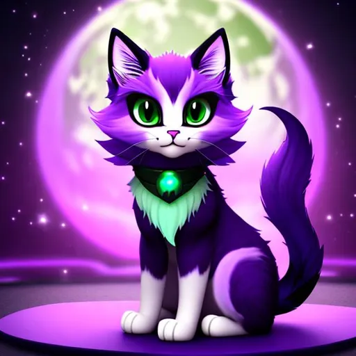 Prompt: Purple cat, green eyes, long fur, pointy ears, fantsy, magic, dim lighting, adventure, long wiskers, fluffy tail, trickster grin, spooky, witchy