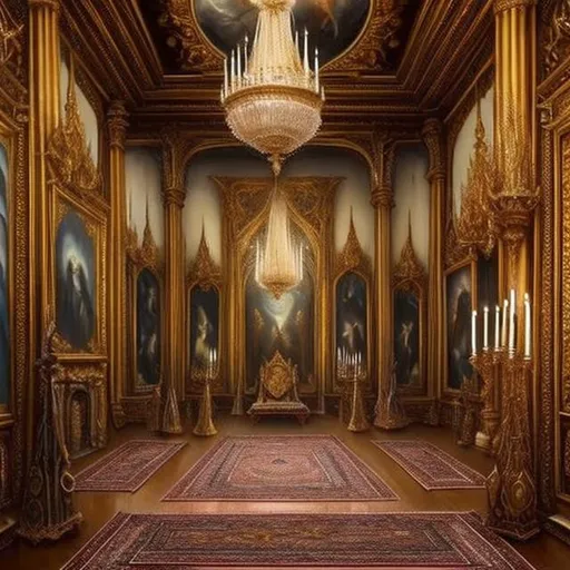 Prompt: Realistic Inside view of big Old dark fantasy Royal room with lot of painting Canvases on painting stands