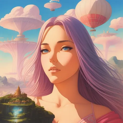 Prompt: Blimp princess stunning. giantess sitting on a floating island in the sky,  waterfalls, Gouache, watercolor, backlighting, chiaroscuro, by Moebius, intricate details, official art, by mangaka, 70s' shoujo, Huge cleavage, athletic body, Highly detailed photo realistic digital artwork. High definition. Face by Tom Bagshaw and art by Sakimichan, Android Jones" and tom bagshaw, BiggalsOctane render, volumetric lighting, shadow effect, insanely detailed and intricate, photorealistic, highly detailed, artstation by WLOP, by artgerm