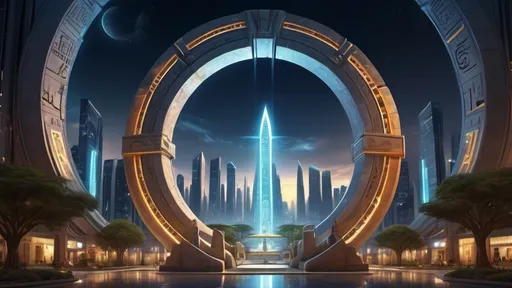 Prompt: magical portal between cities realms worlds kingdoms, circular portal, ring standing on edge, upright ring, freestanding ring, hieroglyphs on ring, complete ring, obelisks, egyptian architecture, gardens, hotels, office buildings, shopping malls, large wide-open city plaza, panoramic view, night sky, futuristic cyberpunk dystopian setting