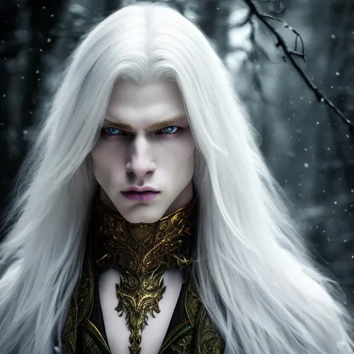 Prompt:  8K, HD, 3D, portrait of beautiful albino male, photorealistic, noble handsome male, dynamic pose,pale beautiful face, grey stunning eyes, extra long white straight hair, elegant green wizard clothes, intricate, detailed, charming male, light contrast, noble, perfect anatomy, gothic dark room ambient, perfect male beauty, golden ratio