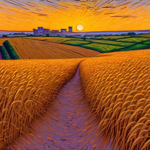 Prompt: Path through wheat fields at sunset in the style of Guttuso