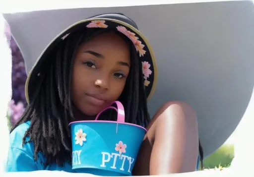 Prompt: A black girl  sitting in a flowery meadow with a bucket hat that has "petty" written on it.