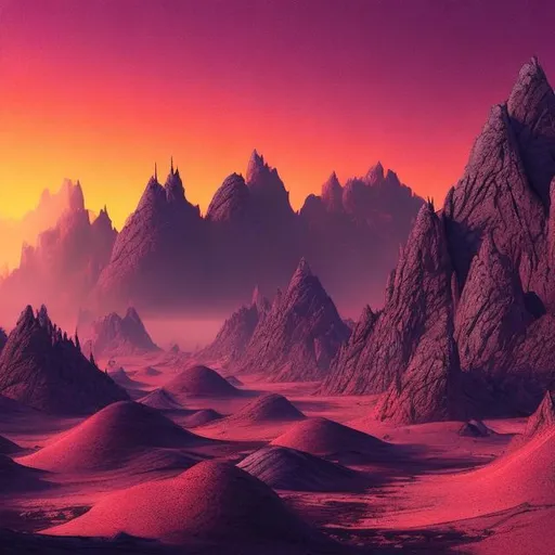 Prompt: concept art, thick red sandstorm grain filter, "Warlocks and Warriors" Sprague de Camp style, purple desert, jagged purple rock crags, red sky, sun hidden by sand