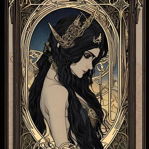 Prompt: Tarot cart, art nouveau, art nouveau border —niji 5 —ar 18:39 —c 0 beautiful dark elven woman