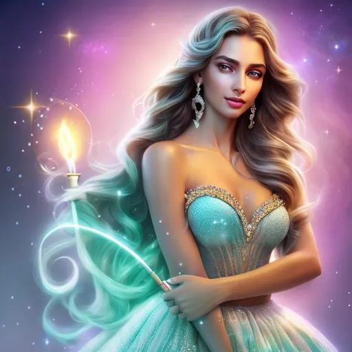 Prompt: HD 4k 3D 8k professional modeling photo hyper realistic beautiful young woman ethereal greek goddess of peace
teal hair hazel eyes gorgeous face tan skin beautiful shiny dress tiara jewelry holding sceptre and torch full body surrounded by magical glowing peaceful light hd landscape background bubbles doves and lambs