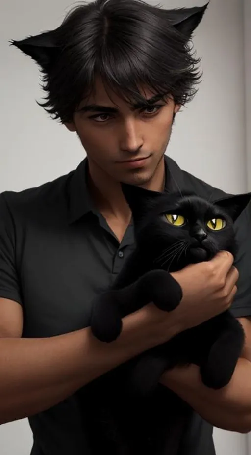 Prompt: man hold a black cat.