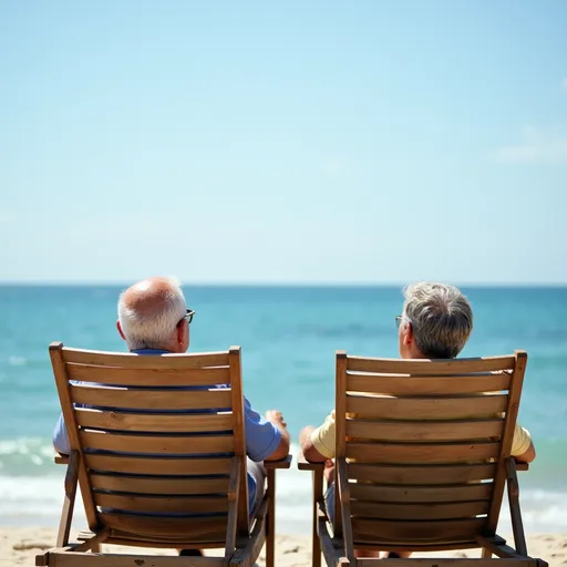 Prompt: photo portrait d'un couple de retraités allongés sur des transat au bord de la mer