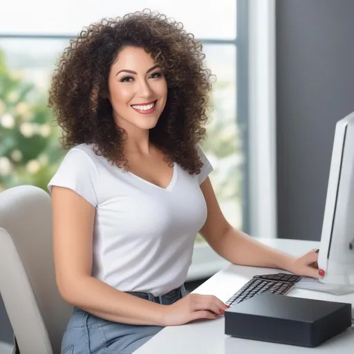 Prompt: An attractive 35 year old woman with very curly hair, elegant, large eyes, modern, stylish makeup, full body view, white tshirt and blue jeans, happy, smiling, (erotic), posing, computer table, studio background