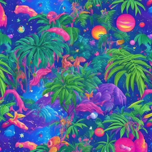 Prompt: Rainforest in space in the style of Lisa frank