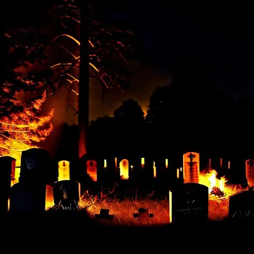 Prompt: campfire, graveyard, dark, night