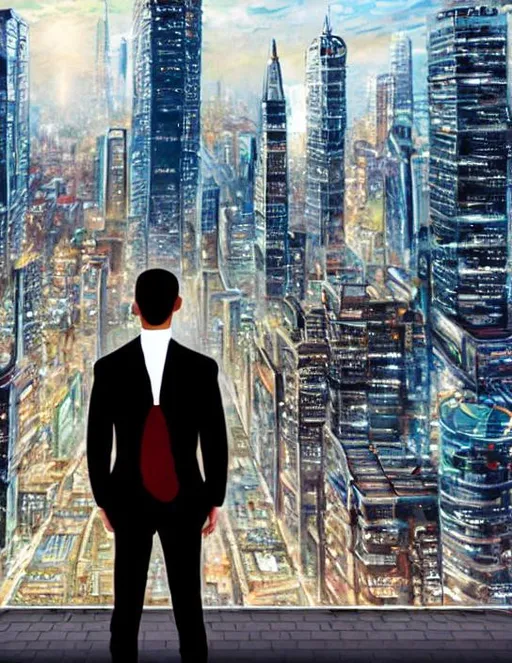 Prompt: A photorealistic painting of a time traveler standing in front of a cityscape from the future. The time traveler is wearing a futuristic outfit and is holding a time machine. The cityscape is full of tall buildings and flying cars.