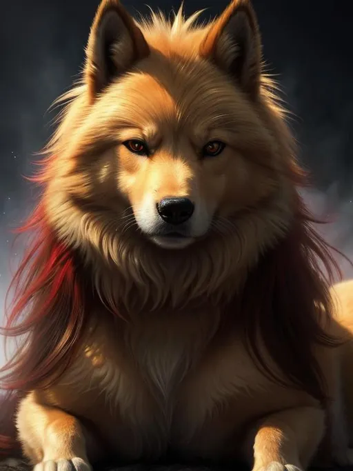 Prompt: 8k, 3D, UHD, masterpiece, oil painting, best quality, artstation, hyper realistic, photograph, perfect composition, zoomed out view of character, 8k eyes, Portrait of a (beautiful Ninetales), {canine quadruped}, thick glistening deep gold fur, deep sinister (crimson eyes), ageless, lives a thousand years, epic anime portrait, vindictive, angry, growling, vengeful, wearing a beautiful (silky crimson collar), presenting magical jewel, thick white mane with fluffy golden crest, golden magic fur lighlights, studio lighting, animated, sharp focus, intricately detailed fur, graceful, regal, cinematic, possesses fire element, blizzard, snow mountain, magnificent, sharp detailed eyes, beautifully detailed face, highly detailed starry sky with pastel pink clouds, ambient golden light, plump, perfect proportions, vector art, nine beautiful tails with pale orange tips, insanely beautiful, highly detailed mouth, symmetric, sharp focus, golden ratio, complementary colors, perfect composition, professional, unreal engine, high octane render, highly detailed mouth, Yuino Chiri, Anne Stokes